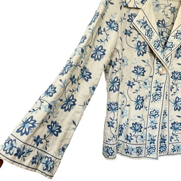 J. Jill Linen Floral Embroidered Jacket Size S Tall‎ Blue Star Boho - Picture 4 of 8